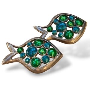 Vintage Large Silver Metal Enamel Green Blue Fish Pierced Post Earrings  New